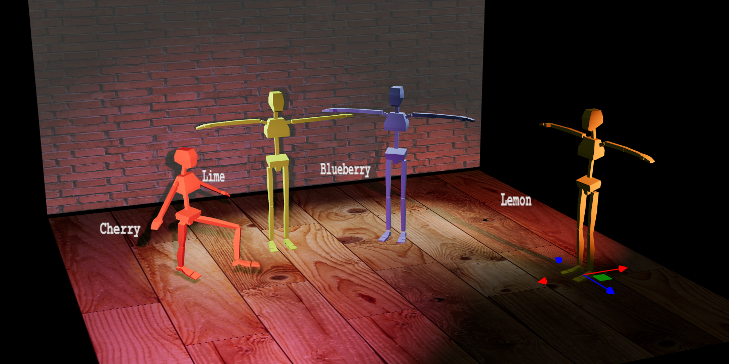 Four virtual stick-figure characters stand on a stage. The stage floor is a wood pattern. The stack background is a brick pattern.